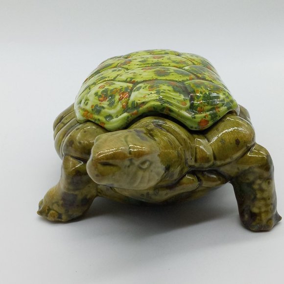 Vtg Arnels Pottery Turtle Candy Dish Lidded Trinket Ceramic Green Orange Speckle - Picture 3 of 10